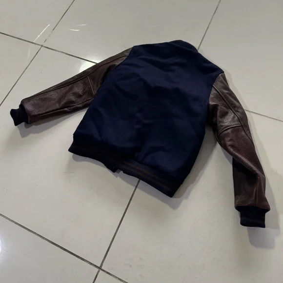 Dehen Varsity Jacket Navy with Brown Leather Sleeves Made in USA